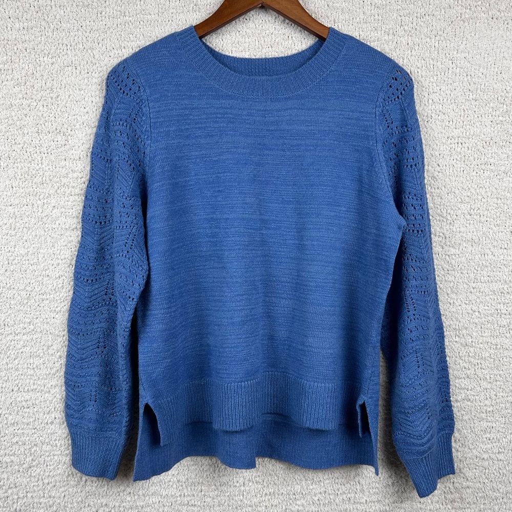 Christian Siriano Sweater Womens Large Blue Pointelle Knit Pull Over Split Hem